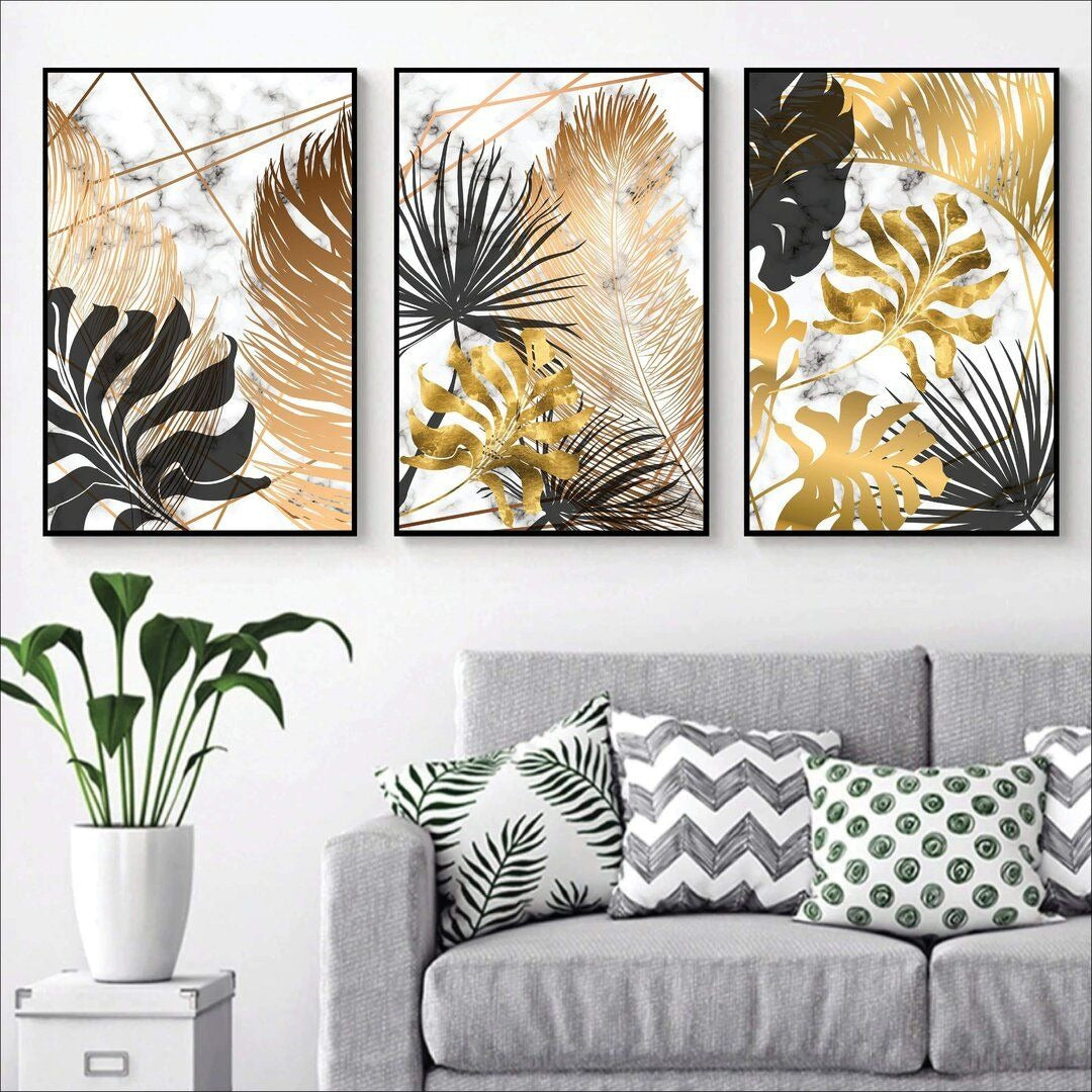 3pcs Black And Gold Leafs Design Stickytiles Frame Providing Elegant Artistic Pattern Stylish Look - 8*11