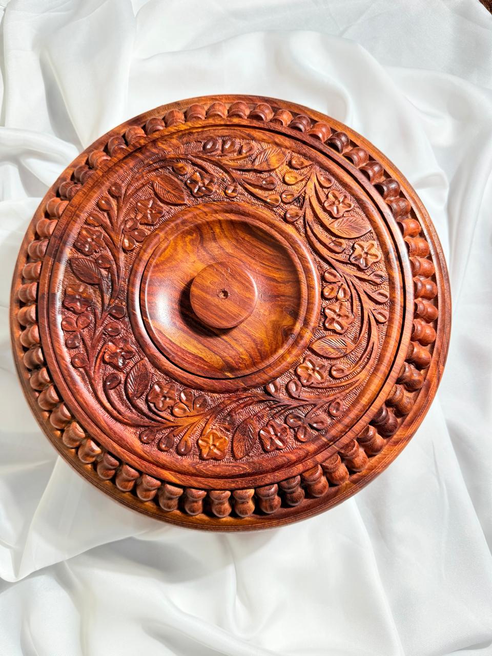 Handcrafted Wooden Storage Box with Ornate Carved Lid