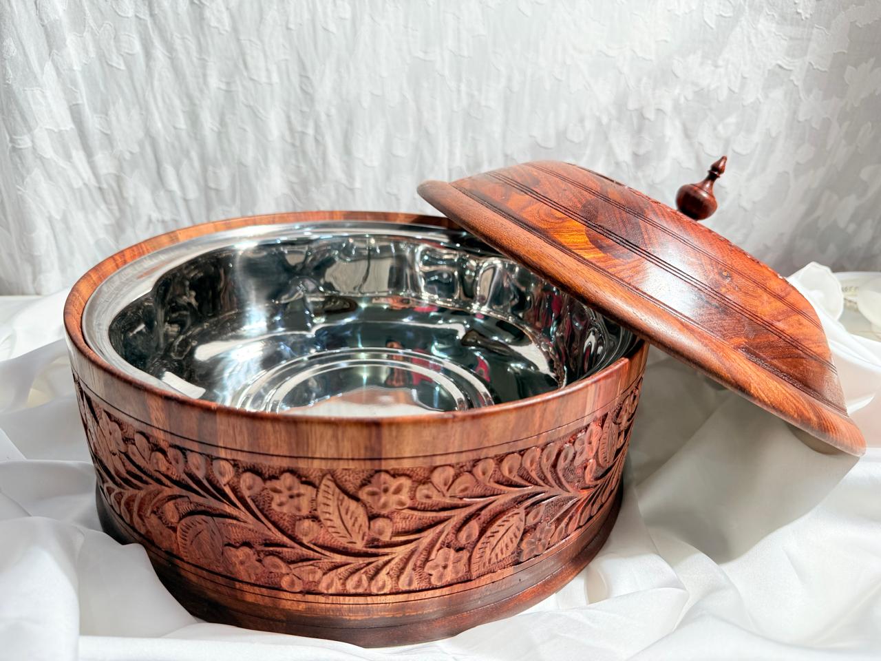 Wooden & Steel Insulated Serving Bowl with Lid