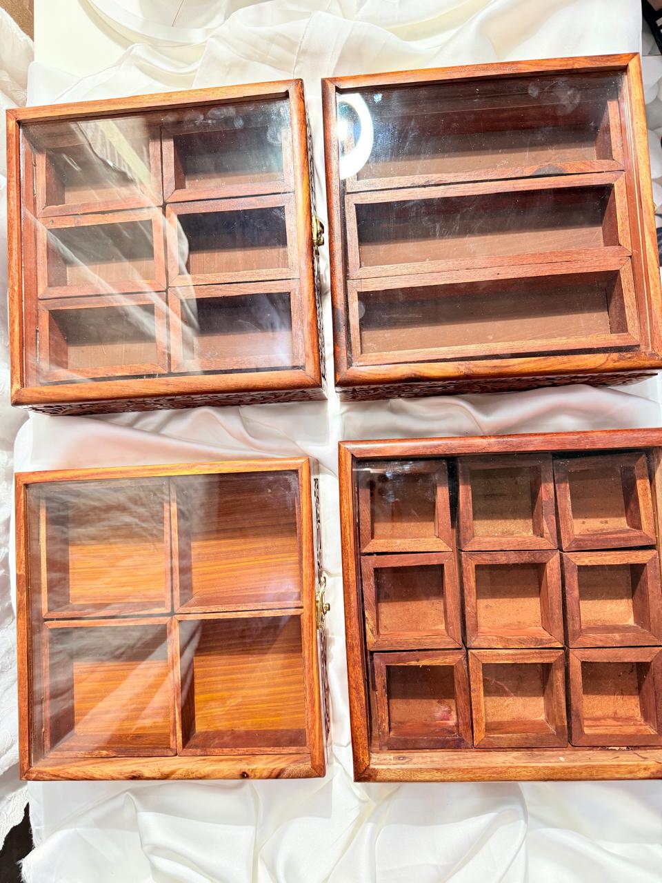 Handcrafted Wooden Compartment Box with Glass Lid