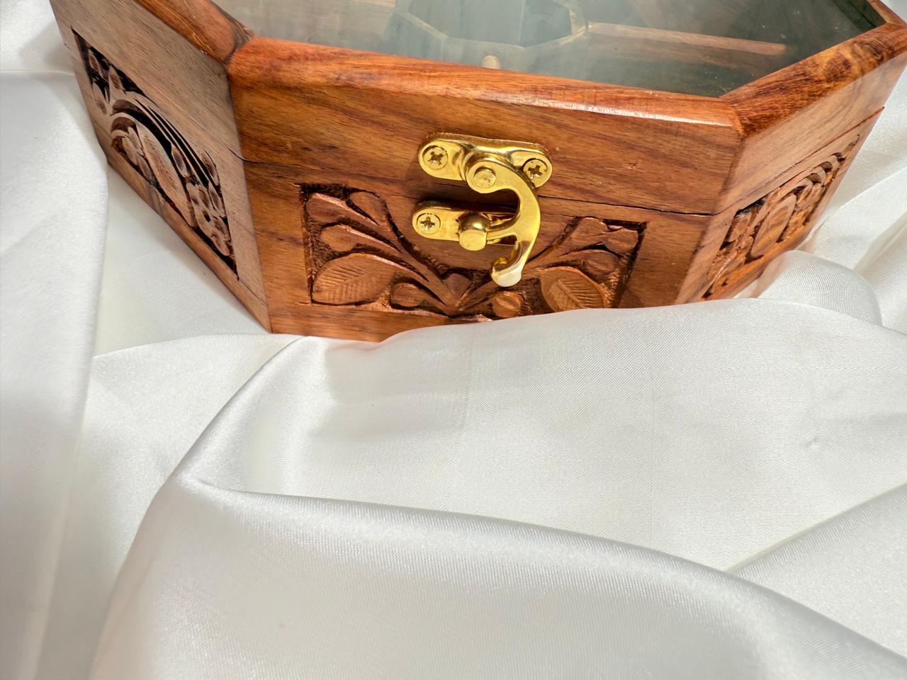Handcrafted Octagonal Wooden Jewelry Box with Glass Lid