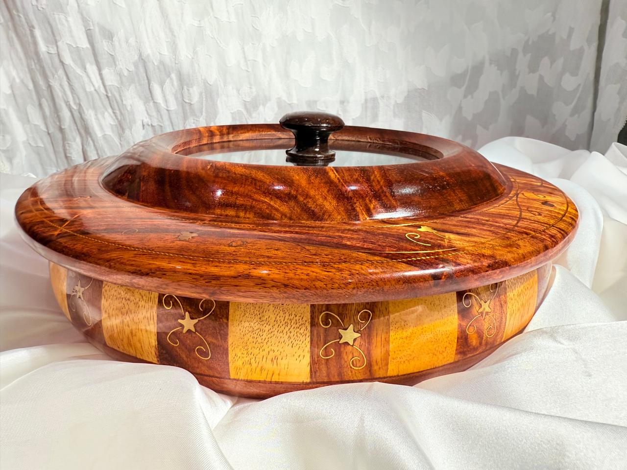Handcrafted Round Wooden Dry fruit Tray with Glass Lid
