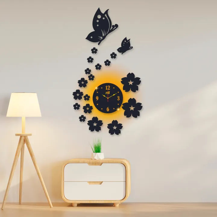 3d wall clock | Wall Clock With Wooden Butterflies , Flowers with light