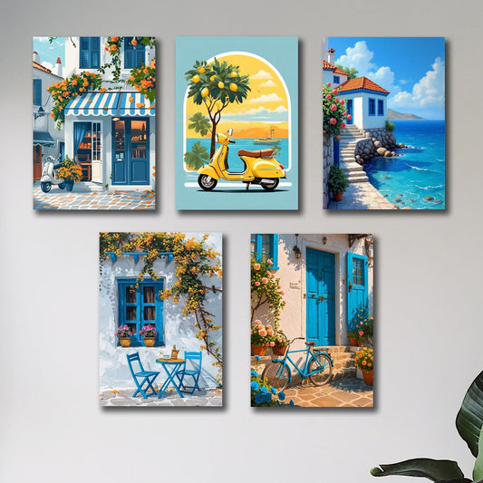 set of 5 italian vintage homes art themed wall art