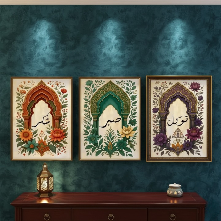 Tawakkul | Sabar | Shukar Wooden Sticky Wall Art – 3 Piece Islamic Motivational Frame Set, 8x11 inch