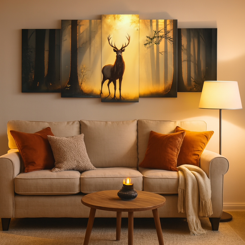 5-Piece Wooden Wall Frame – Deer in Forest Sunset Design | 16x40 Inch with Sticky Tiles