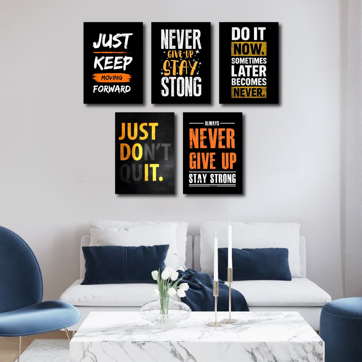 set of 5 Motivational sticky wooden canvas frames for wall