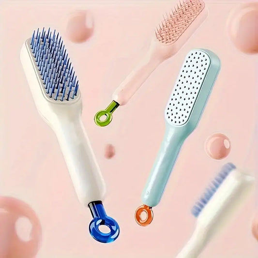 image of Self-cleaning hair brush with easy cleaning button