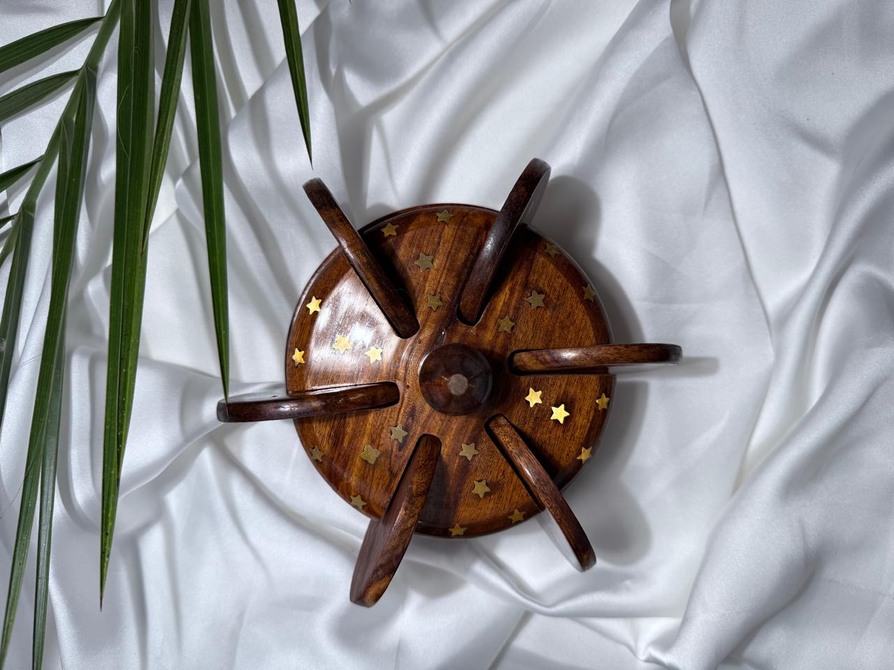 Handcrafted Sheesham Wood Coaster Set with Brass Inlay and Holder