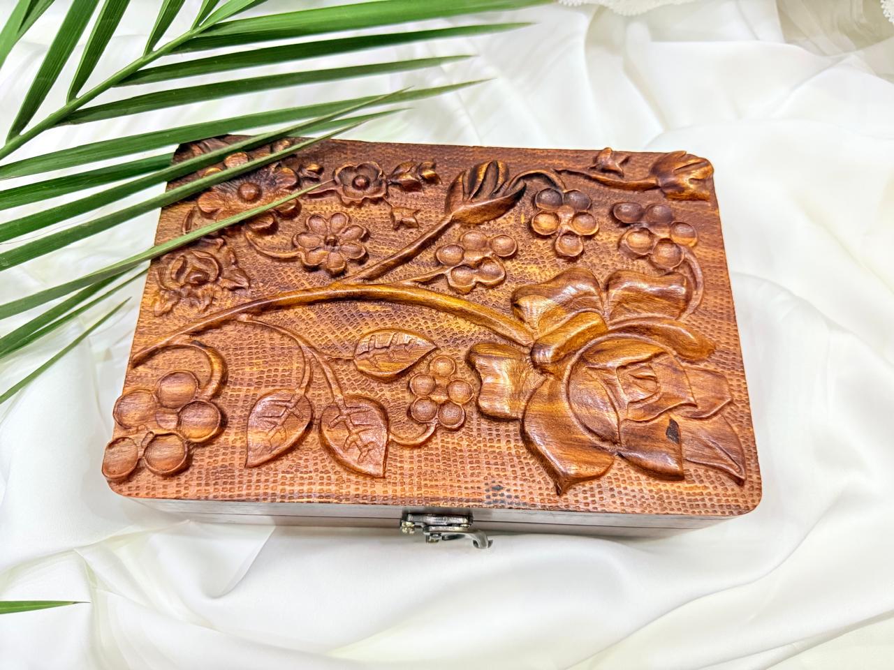"Handcrafted Wooden Box with Grape Vine Carving"