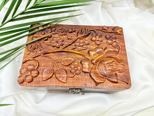 "Handcrafted Wooden Box with Grape Vine Carving"