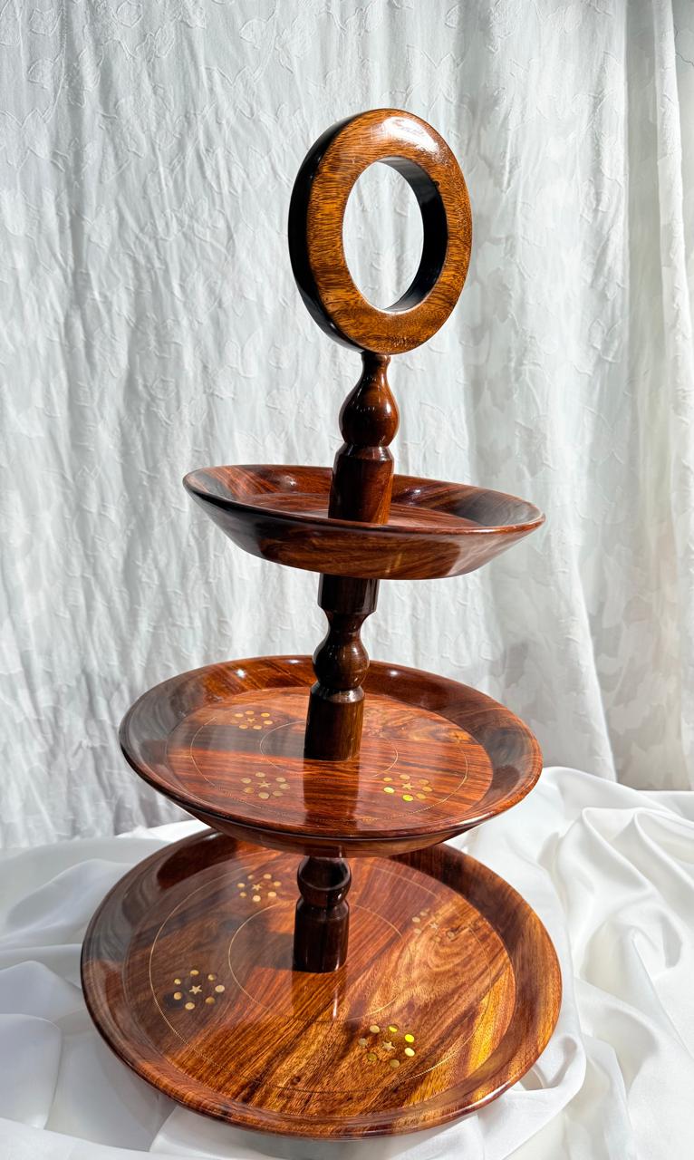 Handcrafted Wooden 3-Tier Serving Stand with Inlay Design