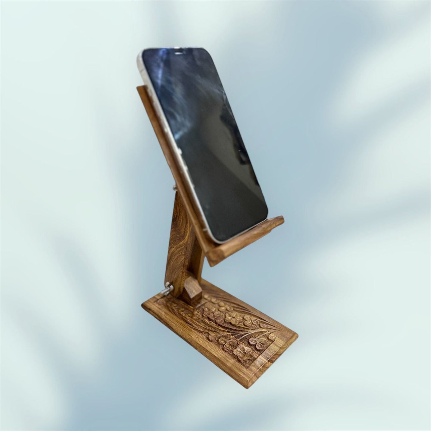 Handcrafted Wooden Adjustable Mobile Stand with Floral Carving