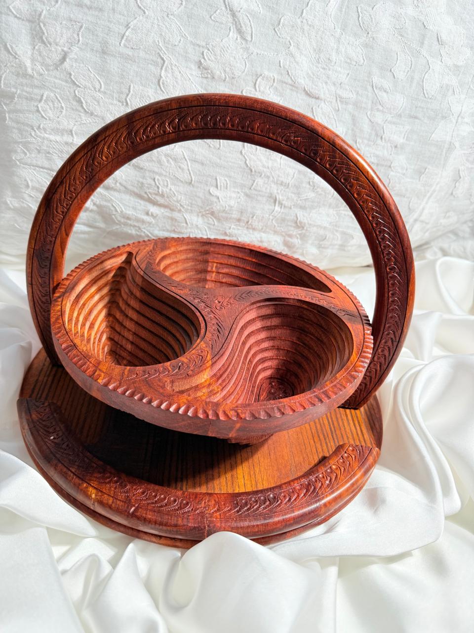 Handcrafted Wooden Foldable Fruit Basket with Carved Handle