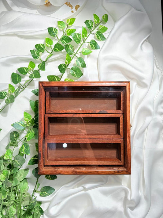 Handcrafted Wooden 3-Compartment Box with Glass Lid