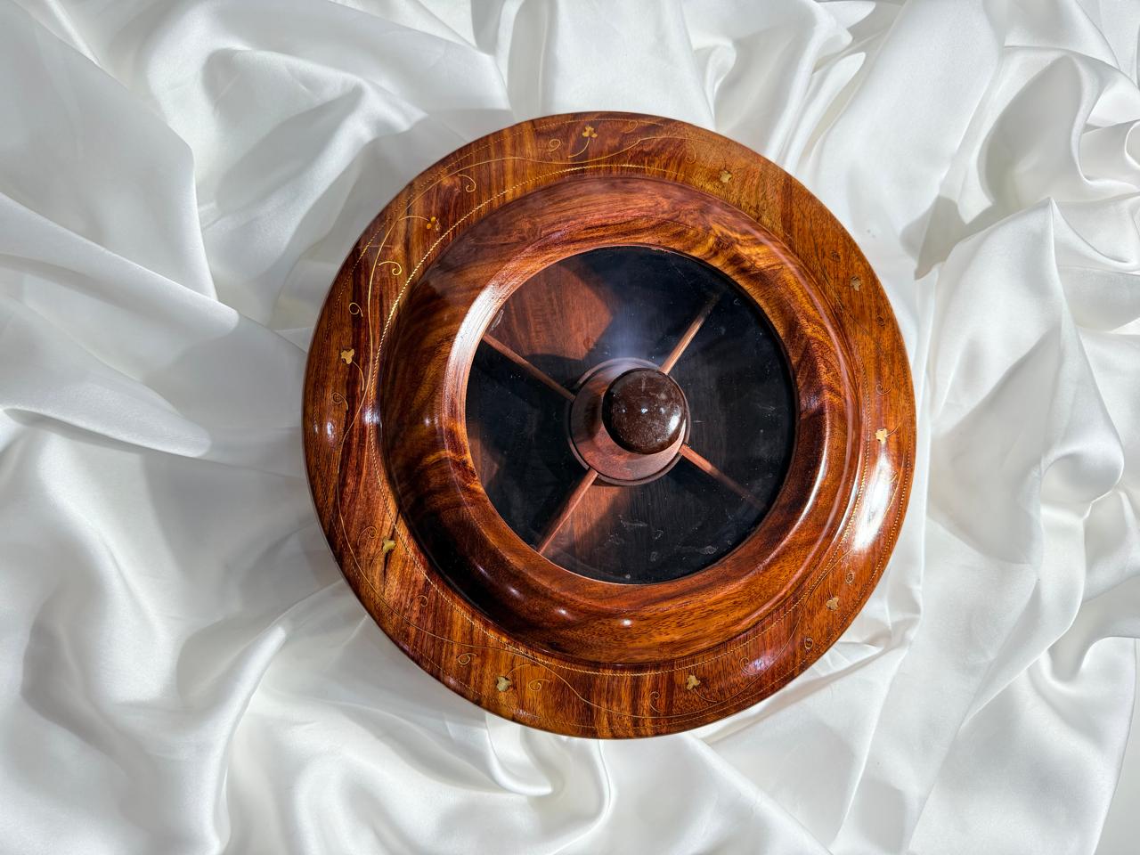 Handcrafted Round Wooden Dry fruit Tray  with Glass Lid