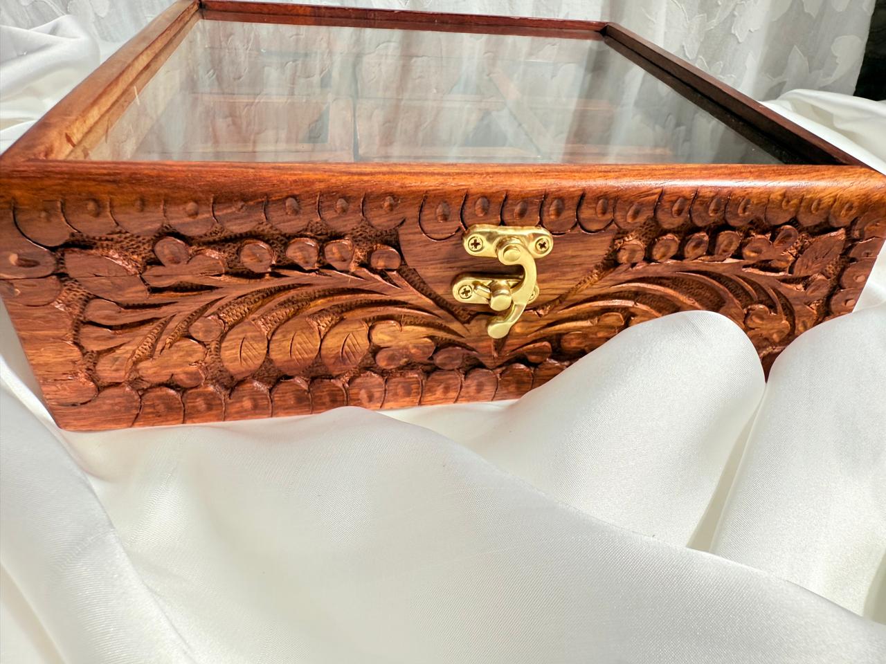 Handcrafted Wooden Compartment Box with Glass Lid