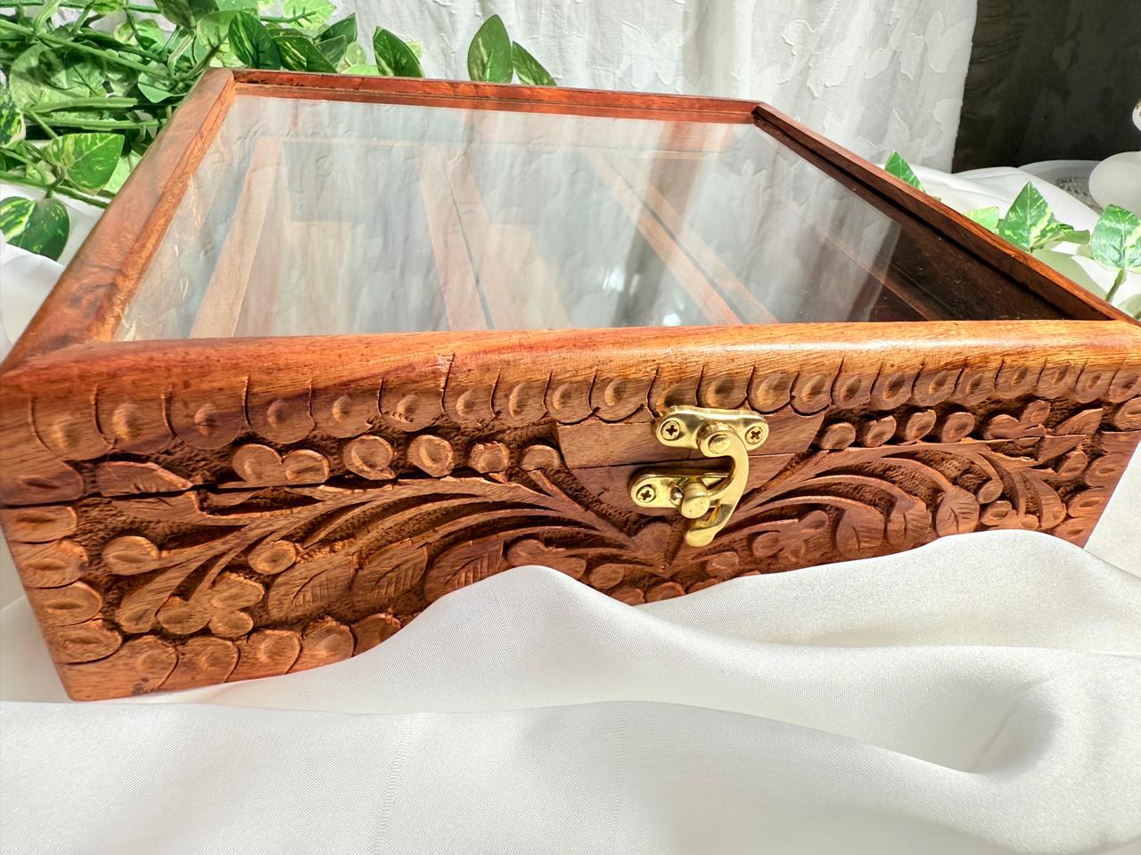 Handcrafted Wooden 3-Compartment Box with Glass Lid