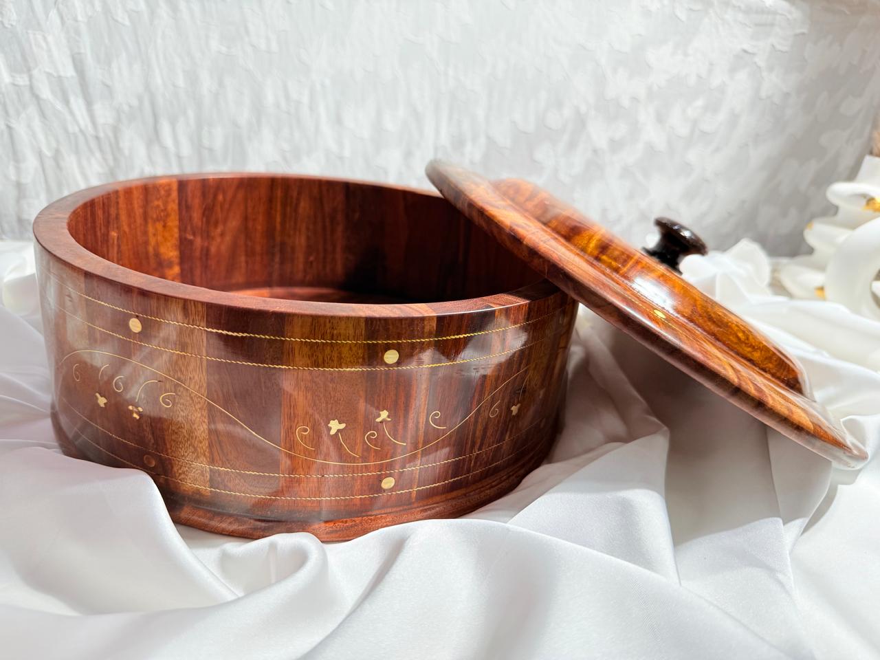 Handcrafted Round Wooden Storage / Hot Pot Box with Removable Lid